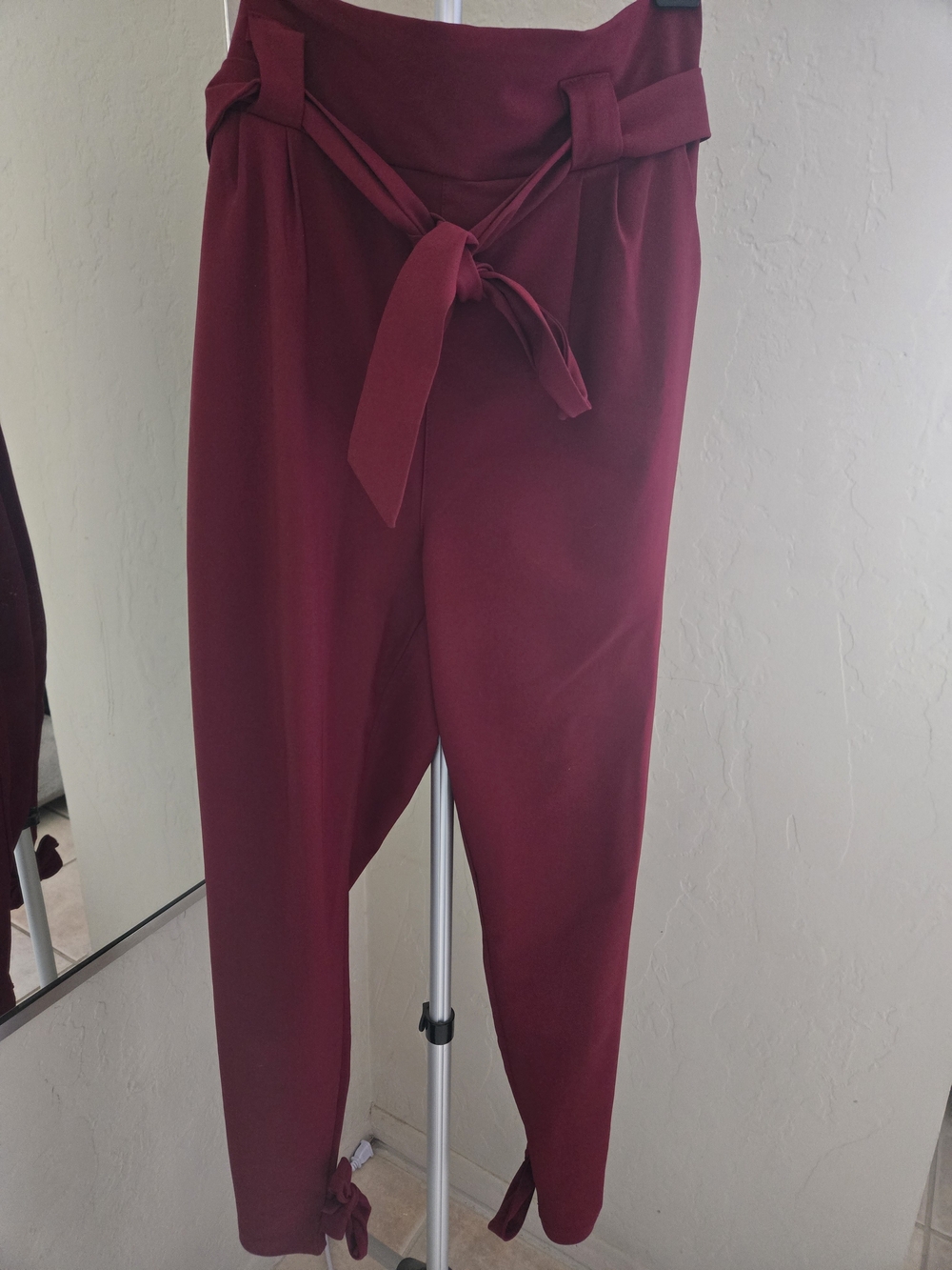 Grace Karin High-Waist Tie-Belt Trousers in Wine Red